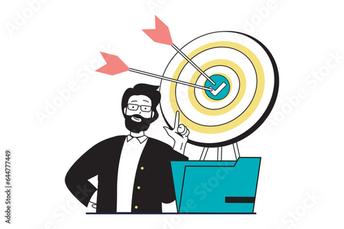 Productivity workplace concept with people scene in flat web design. Man setting and targeting career goal with effective multitasking. Vector illustration for social media banner, marketing material.