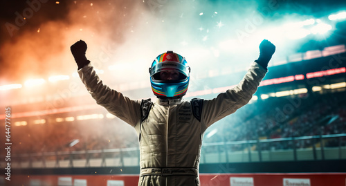 Race car driver celebrating the win, gran prix photo