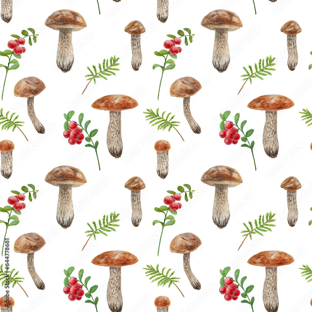 Wild mushrooms, red wild berries and moss watercolor seamless pattern. Hand drawn botanical realistic illustration. Forest boletus and cranberry isolated on white background. Wild mushrooms, red wild berries and moss watercolor seamless pattern. Hand drawn botanical realistic illustration. Forest boletus and cranberry isolated on white background.