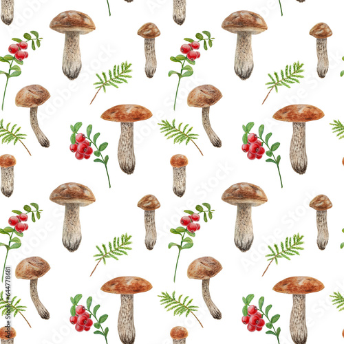Wild mushrooms, red wild berries and moss watercolor seamless pattern. Hand drawn botanical realistic illustration. Forest boletus and cranberry isolated on white background.