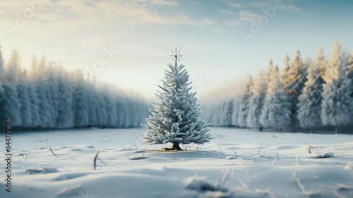 Fir tree in winter forest, covered fresh snow at frosty Christmas day. Beautiful winter landscape. © DenisNata