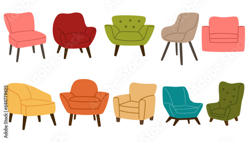 Armchair set. Trendy comfortable chairs. Furniture for home and living room. Soft furniture, luxury sofa. Hand drawn vector doodle elements