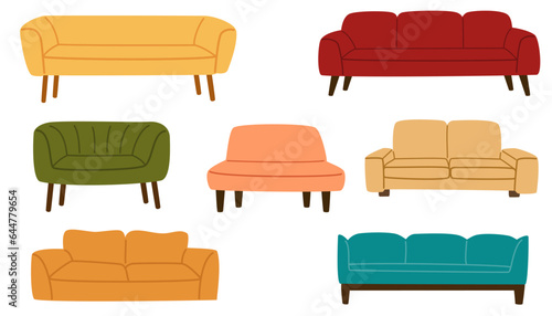 Sofas, couch comfortable soft set. Furniture for home and living room. Soft furniture, luxury sofa. Hand drawn vector doodle elements