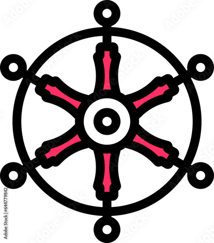 Vector Illustration Of Dharma Wheel In Pink And White Color.