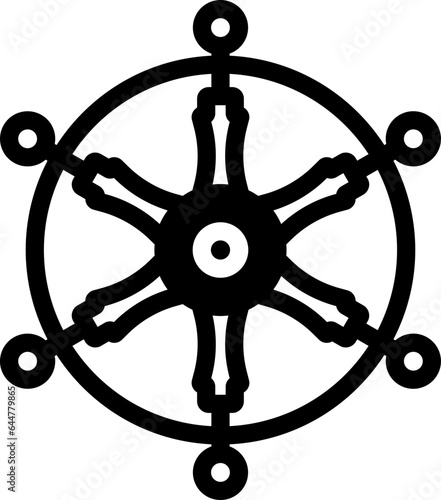 Vector Illustration Of Dharma Wheel In Black And White Color.