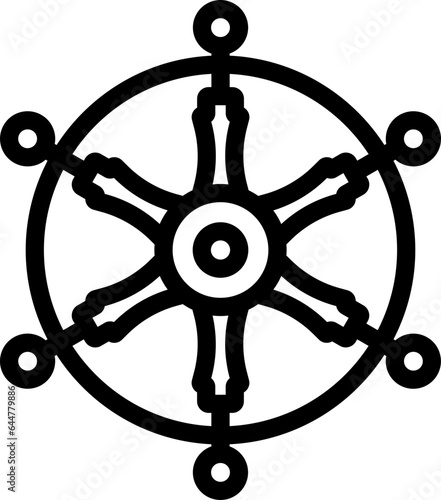 Vector Illustration Of Dharma Wheel In Outline Style.