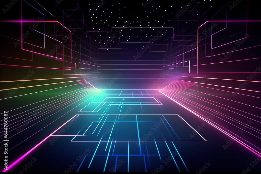 Abstract background features neon lines, laser show, and pulsating elements, with diagrams and equalizers adding to the overall virtual reality experience. AI generated. Abstract background features neon lines, laser show, and pulsating elements, with diagrams and equalizers adding to the overall virtual reality experience. AI generated.