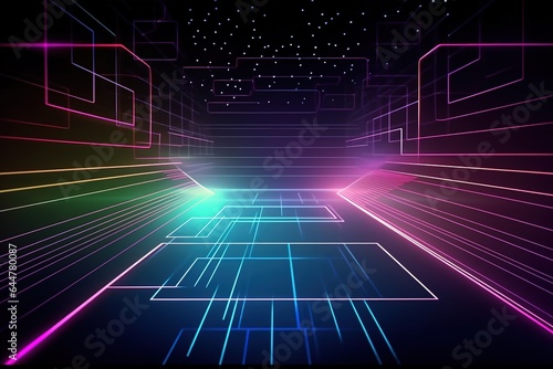 Abstract background features neon lines, laser show, and pulsating elements, with diagrams and equalizers adding to the overall virtual reality experience. AI generated.
