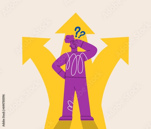 Woman before choosing. Crossroads arrows. Decide direction. Choice way concept. Colorful vector illustration