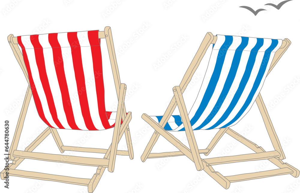 Deck chairs and seagulls, vector illustration
