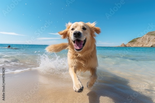 A Golden Retriever Dog Frolicking on the Shores of a Crystal-Clear Blue Ocean 