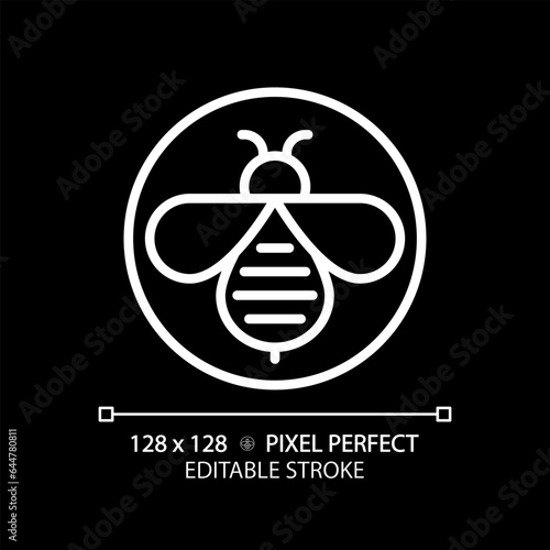 2D pixel perfect editable white honeybee icon, isolated vector, thin line illustration representing allergen free.
