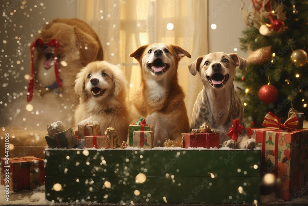 Christmas concept of someone dog is partying and celebrating Christmas - obrazy, fototapety, plakaty 