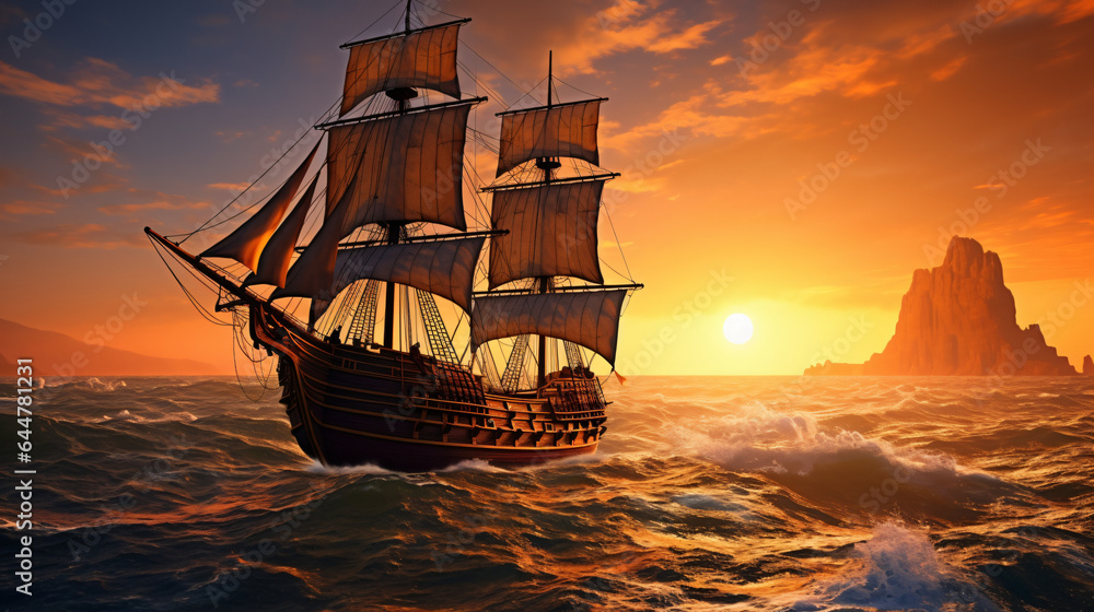 Fototapeta premium Old ancient pirate ship on peaceful ocean at sunset