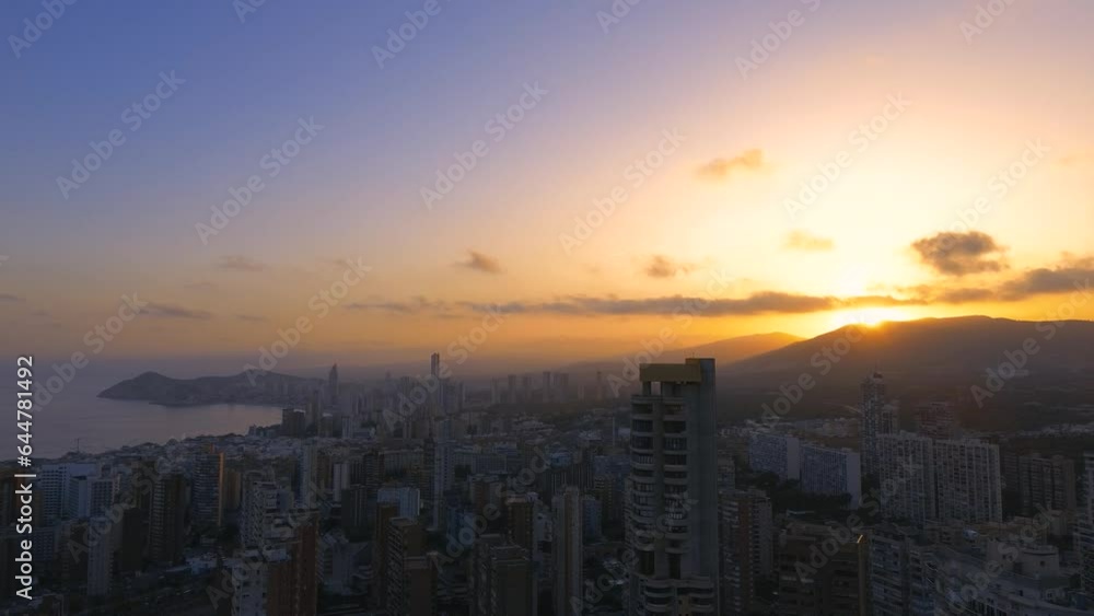 Stunning sunset over Benidorm's city and sea from above Stunning sunset over Benidorm's city and sea from above