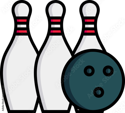 Bowling pins with ball icon in flat style.