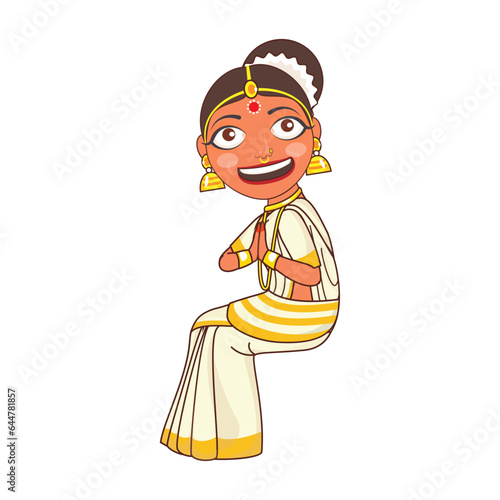 Illustration of Sitting Indian Woman in Namaste pose.