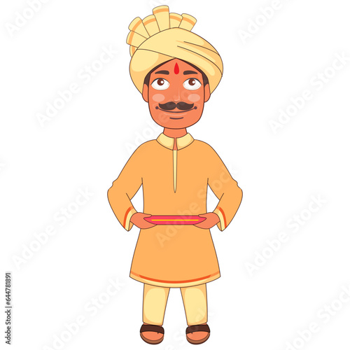 Cartoon Character of Man Wearing Indian Dress and Pagri.
