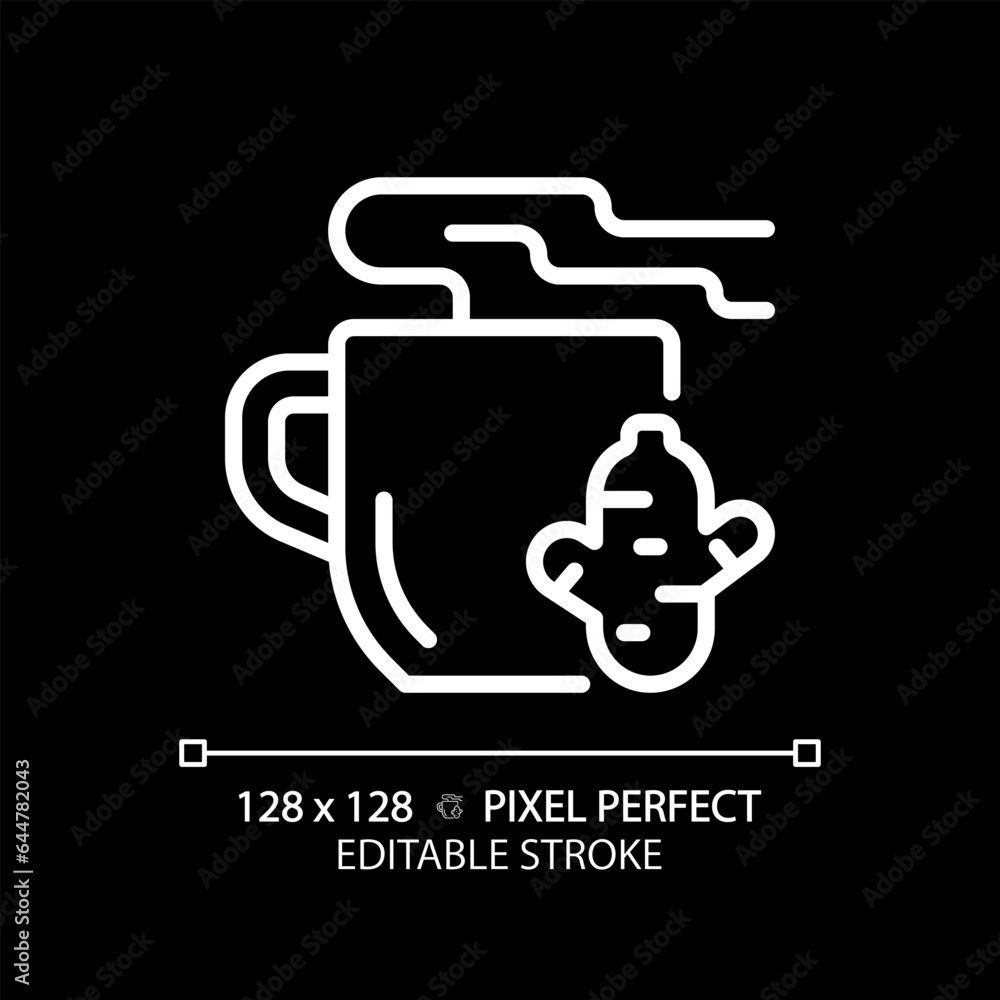 2D pixel perfect editable white ginger tea icon, isolated vector, thin line illustration representing allergen free. 2D pixel perfect editable white ginger tea icon, isolated vector, thin line illustration representing allergen free.