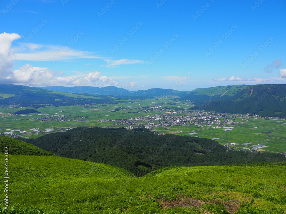 The Five Peaks of Aso, as seen from Daikanbo, are said to resemble a Buddha lying down
