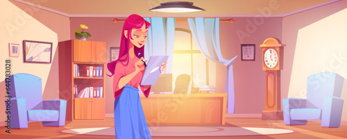Director office room with woman standing near desk. Female principal with tablet in cabinet cartoon background. Young employee girl on workplace with computer, lamp, wooden table, armchair and clock.