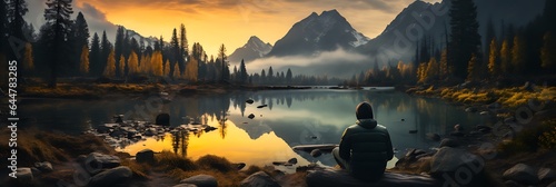 A lone figure sits on the shore of a misty lake, watching the flaming sunset. The snow-capped mountains in the background are reflected in the still water, creating a scene of tranquil beauty
 photo