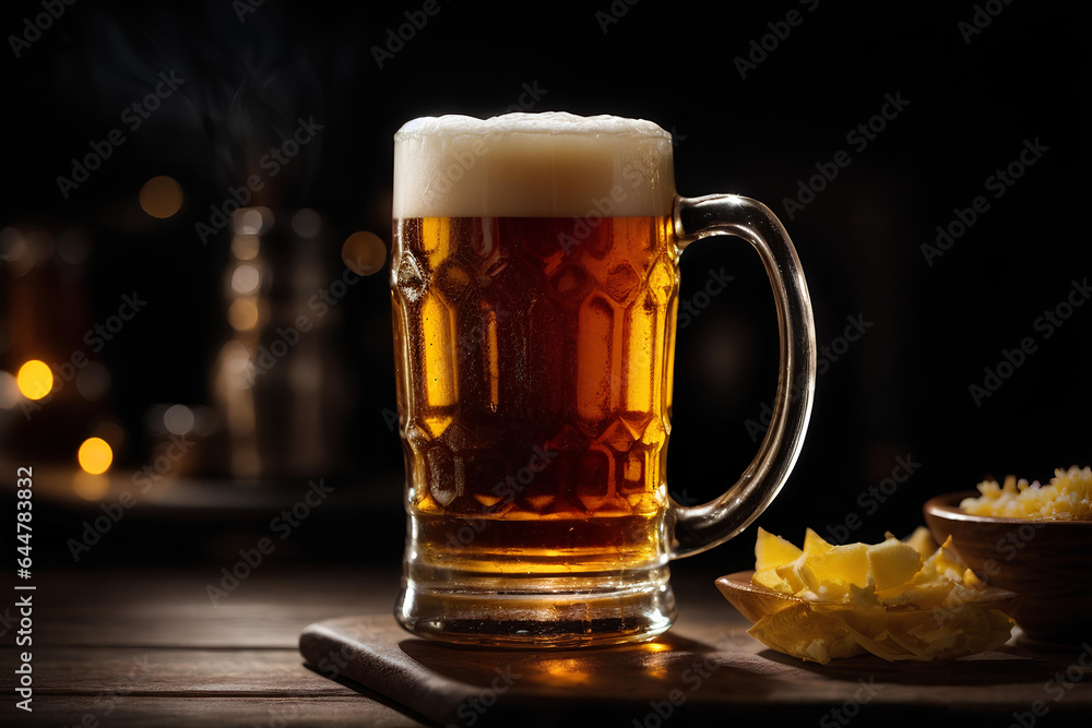 Beer mug on dark background. Commercial promotional photo