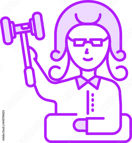 Woman judge icon in purple and white color.