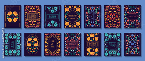 Vector set of luxury floral patterns, invitation cards, banners with doodles floral with roses, leaves, floral bouquets, flower compositions. Notebook covers design. Package for perfume, jewelry