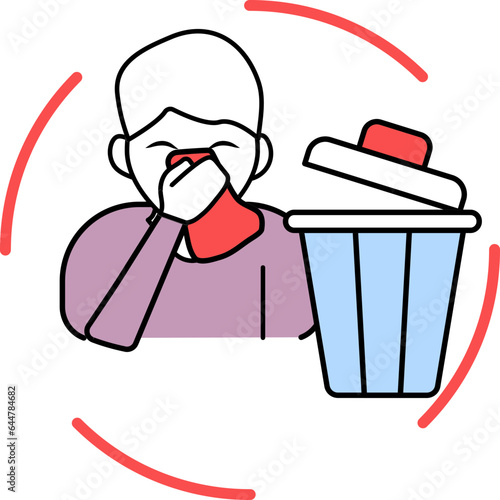 Illustration of Smelling man mouth covering napkin with open dustbin icon for svgr pollution.