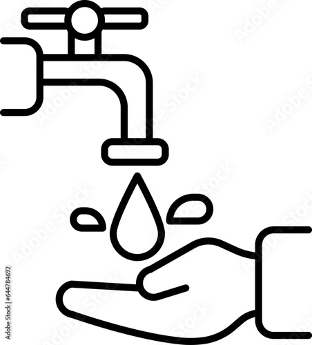 Open Faucet Water Falling on Hand icon in thin line art.