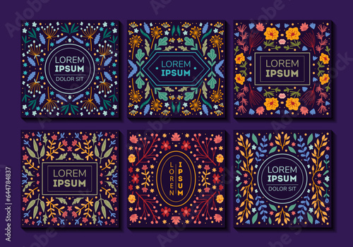 Vector set of luxury floral patterns, invitation cards, banners with doodles floral with roses, leaves, floral bouquets, flower compositions. Notebook covers design. Package for perfume, jewelry