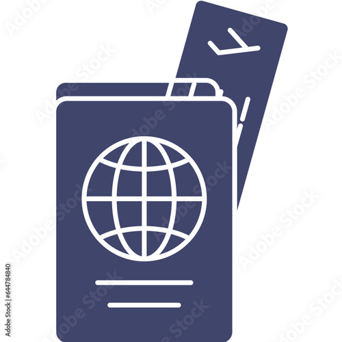 Passport With Ticket Icon In Blue And White Color.