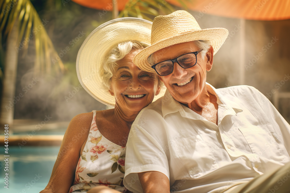 Elegant elderly couple sitting by a pool in luxury resort in relaxed atmosphere. Seniors travelling around the world. Active seniors. Happy life in retirement. Financial independence.