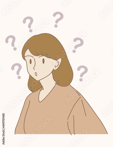Curious woman thinking, doubting, questioning, making a decision. Question marks behind. Hand drawn flat cartoon character vector illustration.