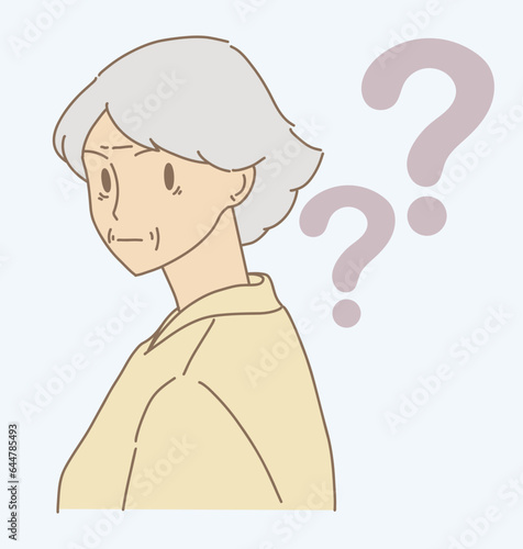Curious senior woman with question mark trying to remember. Hand drawn flat cartoon character vector illustration.