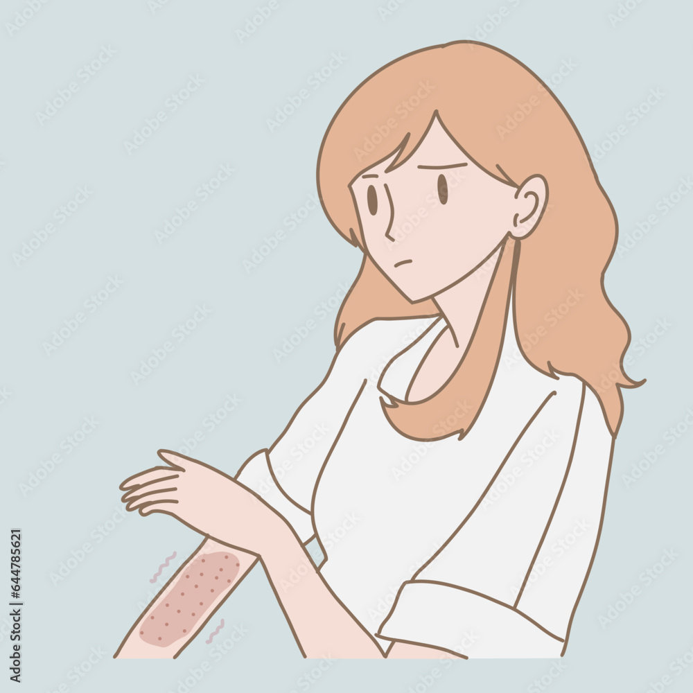 Unhealthy woman scratching, itchy, damaged, red rash, strong allergy skin. Hand drawn flat cartoon character vector illustration. Unhealthy woman scratching, itchy, damaged, red rash, strong allergy skin. Hand drawn flat cartoon character vector illustration.