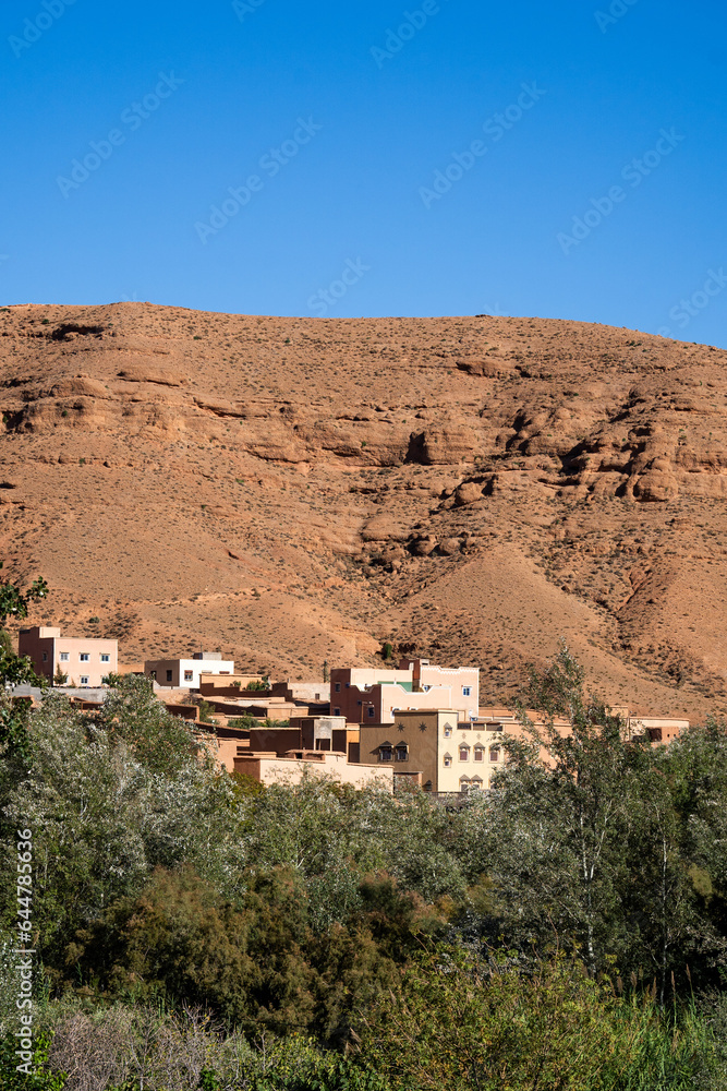 Nature, rocks, houses and mountains in Dades Gorge Morocco during sunset