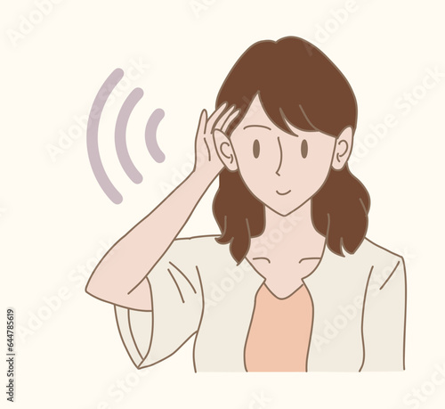 Smiling woman holding hand near ear. Businesswoman listening, hearing intently. Hand drawn flat cartoon character vector illustration.