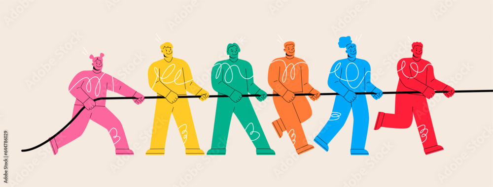 Man and woman pulling rope together teamwork power. Partnership support concept. Colorful vector illustration - obrazy, fototapety, plakaty 