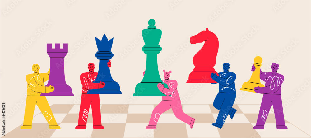 Team of diverse man and woman colleagues playing giant chess together. Teamwork business and Business strategy concept. Colorful vector illustration Team of diverse man and woman colleagues playing giant chess together. Teamwork business and Business strategy concept. Colorful vector illustration
