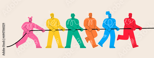 Man and woman pulling rope together teamwork power. Partnership support concept. Colorful vector illustration