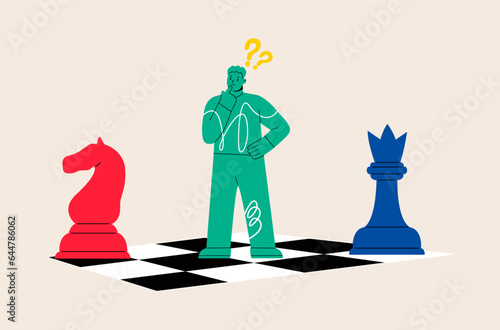 Thoughtful man with chess pieces. Confused man brainstorm consider business risk or challenge. Colorful vector illustration