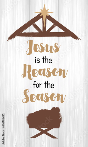 Jesus is the reason for the season, Christmas card. Vector nativity illustration with baby Christ in manger on wooden boards. Greeting banner design or invitation to church service