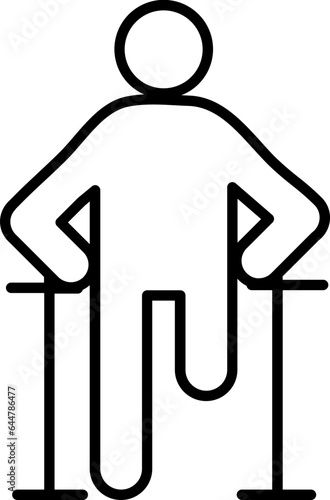 One legged disabled man holding crutches stick icon in line art.