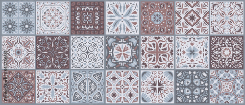 Set of patterned azulejo floor tiles. Abstract geometric background. Collection of ceramic tiles in turkish style. Seamless colorful patchwork. Portuguese and Spain decor. Islam, Arabic, Indian motif.