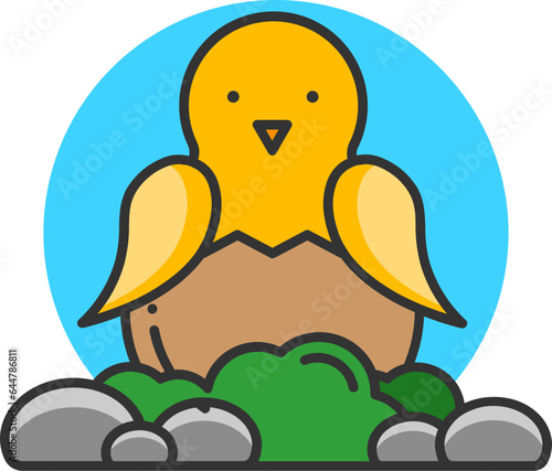 Cute Chick in Cracked Egg with Green Grass and Stones on Blue Circle Shape.