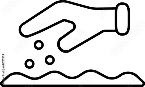 Line art Hand sprinkle seeds on field icon in flat style.