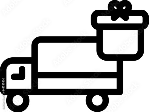 Gift delivery truck icon icon in black line art.