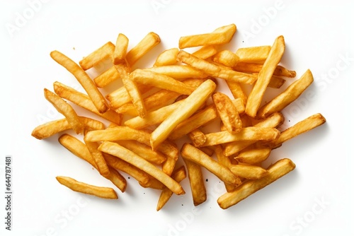 An aerial shot of fries, golden in color, laid out on a white surface. These are crispy, deep-fried strips of potato. Generative AI